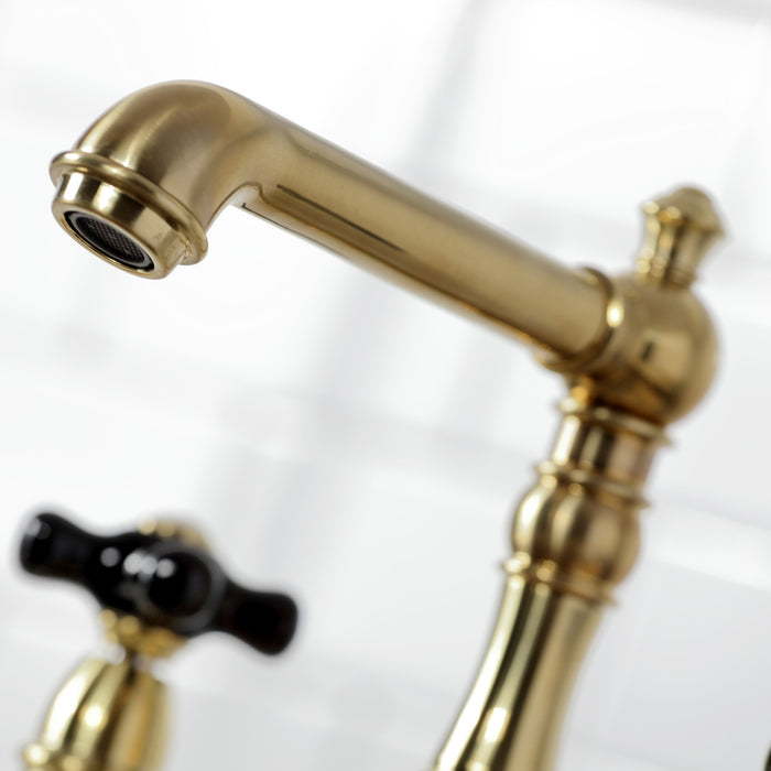 Kingston Tulare KS7277PKXBS - Duchess Two-Handle 4-Hole Deck Mount Bridge Kitchen Faucet with Brass Sprayer, Brushed Brass