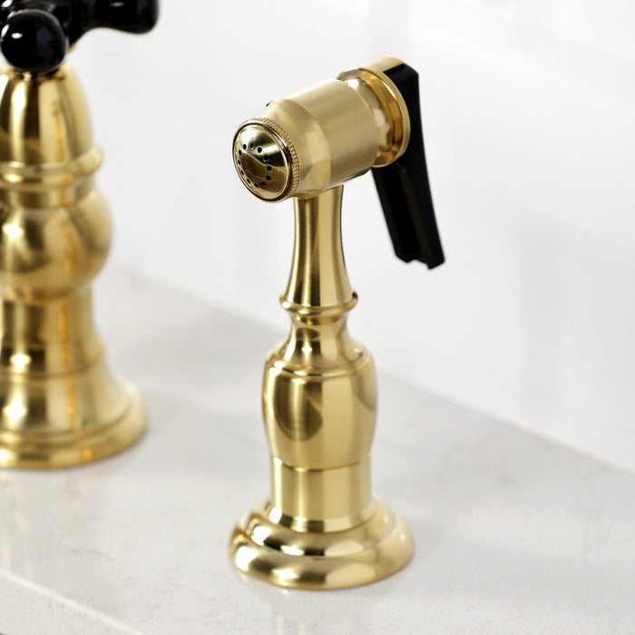 Kingston Tulare KS7277PKXBS - Duchess Two-Handle 4-Hole Deck Mount Bridge Kitchen Faucet with Brass Sprayer, Brushed Brass