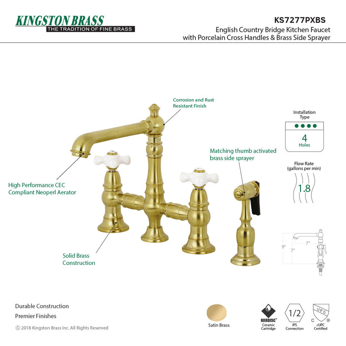 Kingston Tulare KS7277PXBS - English Country Two-Handle 4-Hole Deck Mount Bridge Kitchen Faucet with Brass Sprayer, Brushed Brass