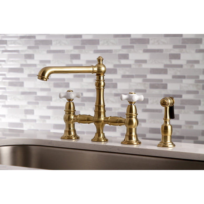 Kingston Tulare KS7277PXBS - English Country Two-Handle 4-Hole Deck Mount Bridge Kitchen Faucet with Brass Sprayer, Brushed Brass