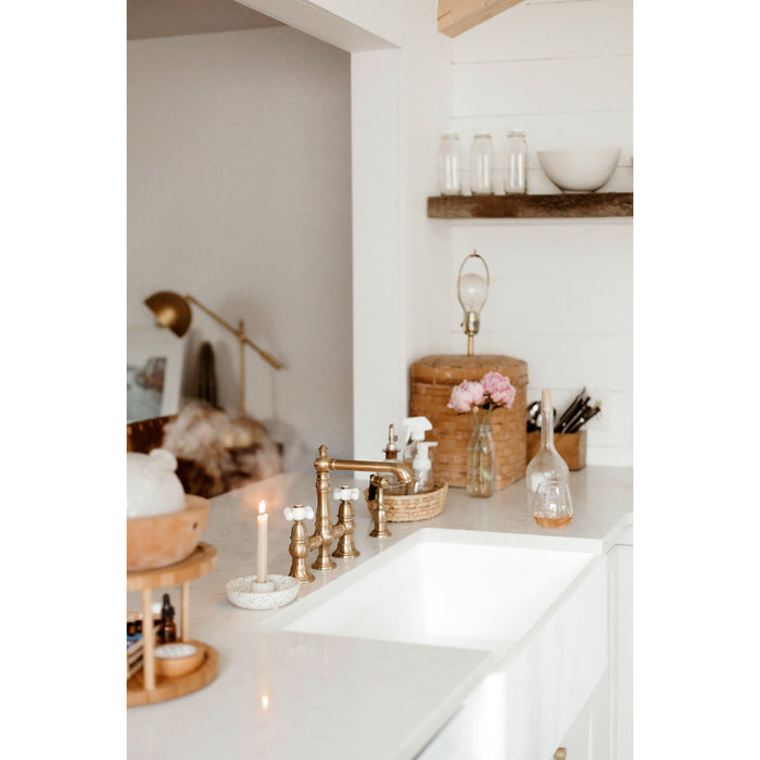 Kingston Tulare KS7277PXBS - English Country Two-Handle 4-Hole Deck Mount Bridge Kitchen Faucet with Brass Sprayer, Brushed Brass