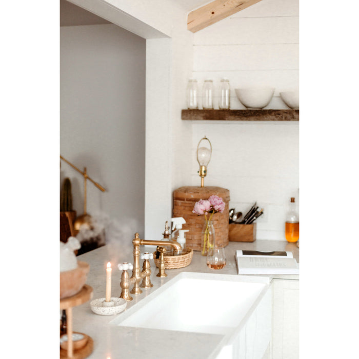 Kingston Tulare KS7277PXBS - English Country Two-Handle 4-Hole Deck Mount Bridge Kitchen Faucet with Brass Sprayer, Brushed Brass