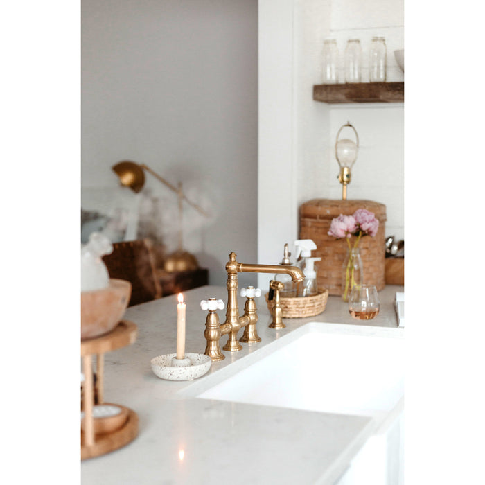 Kingston Tulare KS7277PXBS - English Country Two-Handle 4-Hole Deck Mount Bridge Kitchen Faucet with Brass Sprayer, Brushed Brass