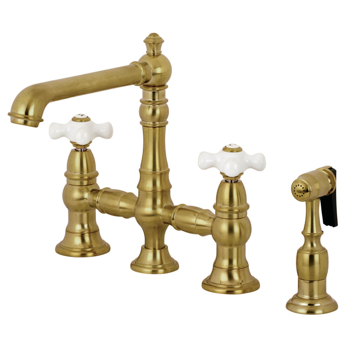 Kingston Tulare KS7277PXBS - English Country Two-Handle 4-Hole Deck Mount Bridge Kitchen Faucet with Brass Sprayer, Brushed Brass
