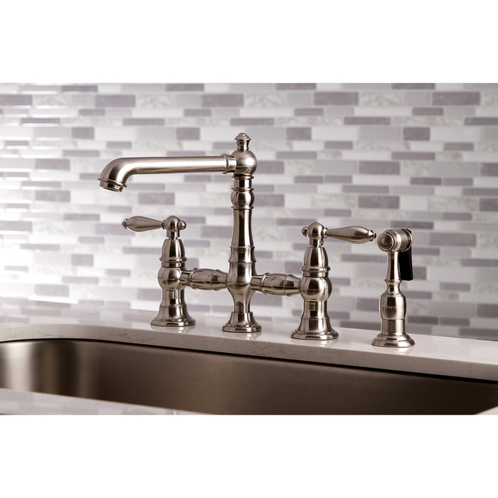 Kingston Tulare KS7278ALBS - English Country Two-Handle 4-Hole Deck Mount Bridge Kitchen Faucet with Brass Sprayer, Brushed Nickel