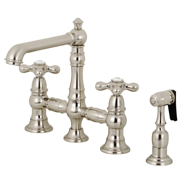 Kingston Tulare KS7278AXBS - English Country Two-Handle 4-Hole Deck Mount Bridge Kitchen Faucet with Brass Sprayer, Brushed Nickel