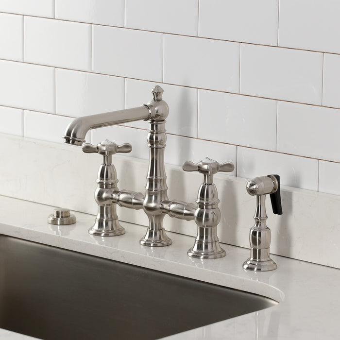 Kingston Tulare KS7278BEXBS - Essex Two-Handle 4-Hole Deck Mount Bridge Kitchen Faucet with Brass Sprayer, Brushed Nickel