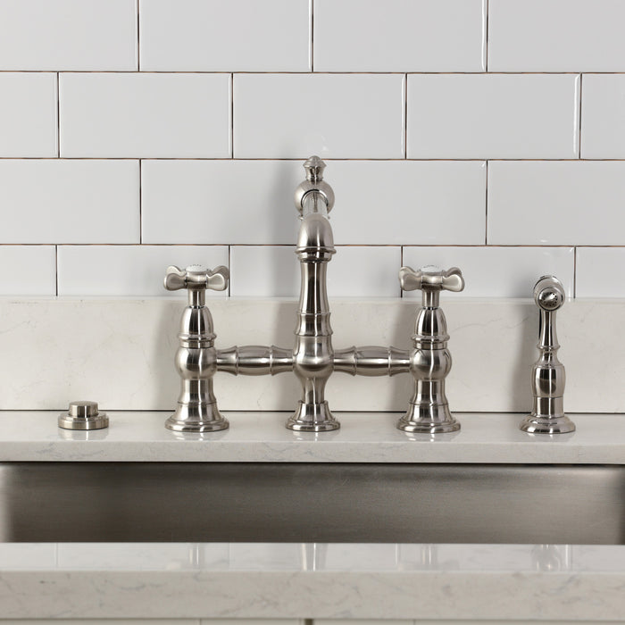 Kingston Tulare KS7278BEXBS - Essex Two-Handle 4-Hole Deck Mount Bridge Kitchen Faucet with Brass Sprayer, Brushed Nickel
