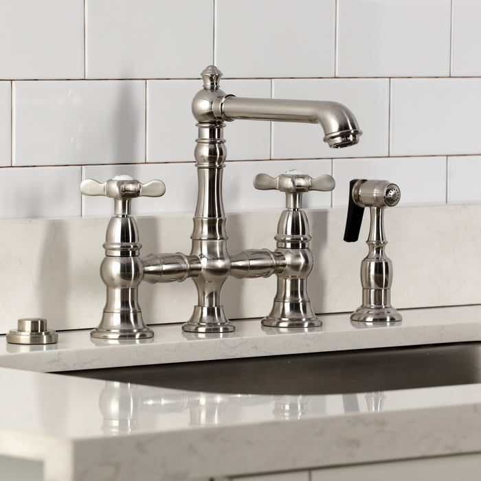 Kingston Tulare KS7278BEXBS - Essex Two-Handle 4-Hole Deck Mount Bridge Kitchen Faucet with Brass Sprayer, Brushed Nickel