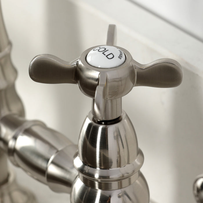 Kingston Tulare KS7278BEXBS - Essex Two-Handle 4-Hole Deck Mount Bridge Kitchen Faucet with Brass Sprayer, Brushed Nickel