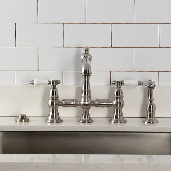 Kingston Tulare KS7278BPLBS - Bel-Air Two-Handle 4-Hole Deck Mount Bridge Kitchen Faucet with Brass Sprayer, Brushed Nickel