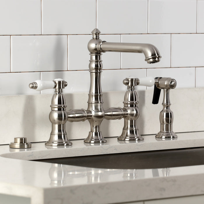 Kingston Tulare KS7278BPLBS - Bel-Air Two-Handle 4-Hole Deck Mount Bridge Kitchen Faucet with Brass Sprayer, Brushed Nickel