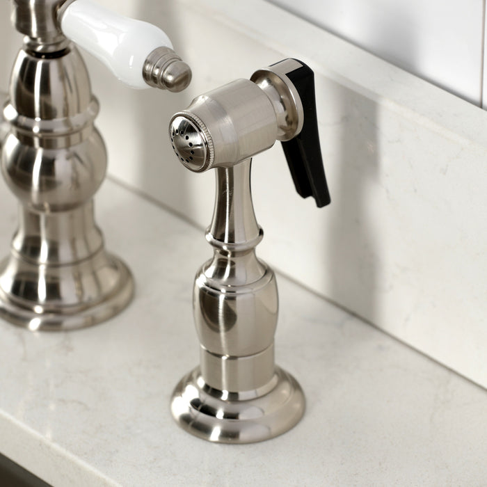 Kingston Tulare KS7278BPLBS - Bel-Air Two-Handle 4-Hole Deck Mount Bridge Kitchen Faucet with Brass Sprayer, Brushed Nickel