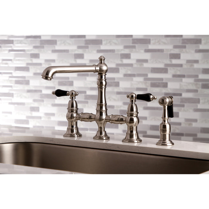 Kingston Tulare KS7278PKLBS - Duchess Two-Handle 4-Hole Deck Mount Bridge Kitchen Faucet with Brass Sprayer, Brushed Nickel