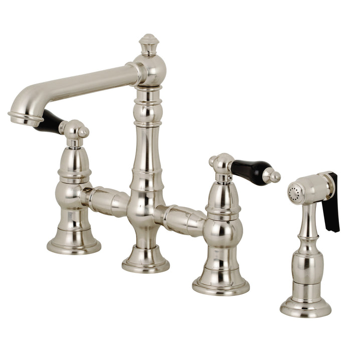 Kingston Tulare KS7278PKLBS - Duchess Two-Handle 4-Hole Deck Mount Bridge Kitchen Faucet with Brass Sprayer, Brushed Nickel