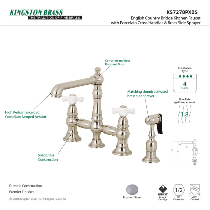 Kingston Tulare KS7278PXBS - English Country Two-Handle 4-Hole Deck Mount Bridge Kitchen Faucet with Brass Sprayer, Brushed Nickel