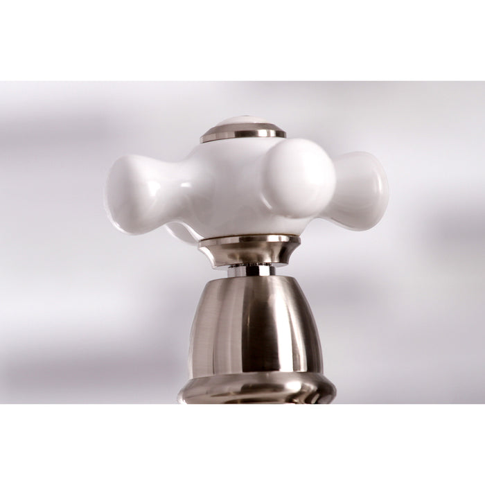 Kingston Tulare KS7278PXBS - English Country Two-Handle 4-Hole Deck Mount Bridge Kitchen Faucet with Brass Sprayer, Brushed Nickel