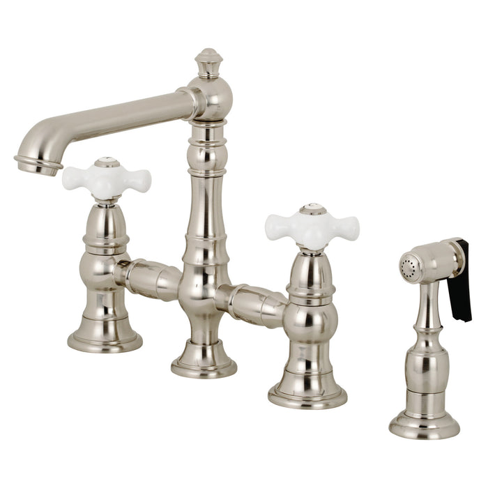 Kingston Tulare KS7278PXBS - English Country Two-Handle 4-Hole Deck Mount Bridge Kitchen Faucet with Brass Sprayer, Brushed Nickel