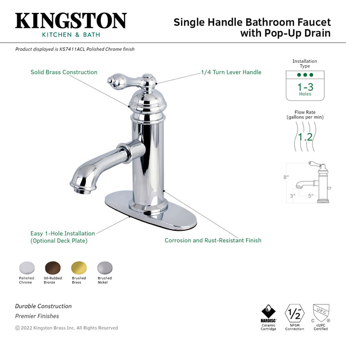 Kingston Tulare KS7415ACL - American Classic One-Handle 1-Hole Bathroom Faucet with Deck Plate and Brass Pop-Up Drain, Oil Rubbed Bronze