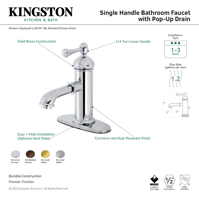 Kingston Tulare KS7415BL - Paris One-Handle 1-Hole Bathroom Faucet with Deck Plate and Brass Pop-Up Drain, Oil Rubbed Bronze