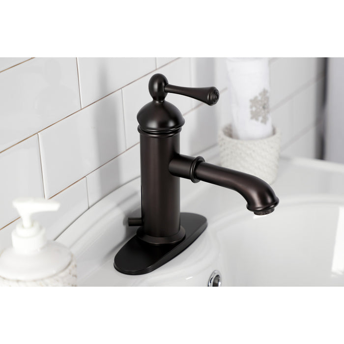 Kingston Tulare KS7415BL - Paris One-Handle 1-Hole Bathroom Faucet with Deck Plate and Brass Pop-Up Drain, Oil Rubbed Bronze