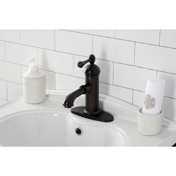 Kingston Tulare KS7415BL - Paris One-Handle 1-Hole Bathroom Faucet with Deck Plate and Brass Pop-Up Drain, Oil Rubbed Bronze