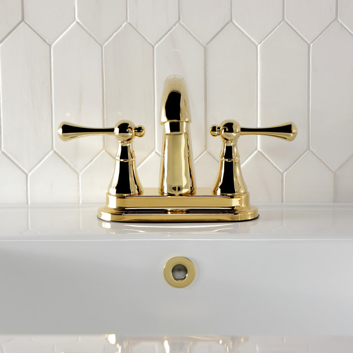 Kingston Tulare KS7612BL - English Vintage Double-Handle 3-Hole Deck Mount 4-Inch Centerset Bathroom Faucet with Brass Pop-Up, Polished Brass