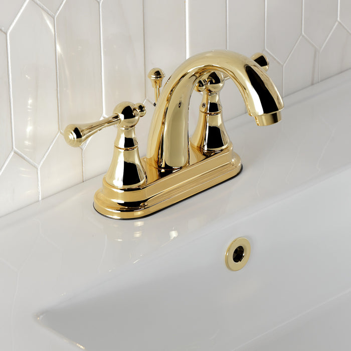 Kingston Tulare KS7612BL - English Vintage Double-Handle 3-Hole Deck Mount 4-Inch Centerset Bathroom Faucet with Brass Pop-Up, Polished Brass