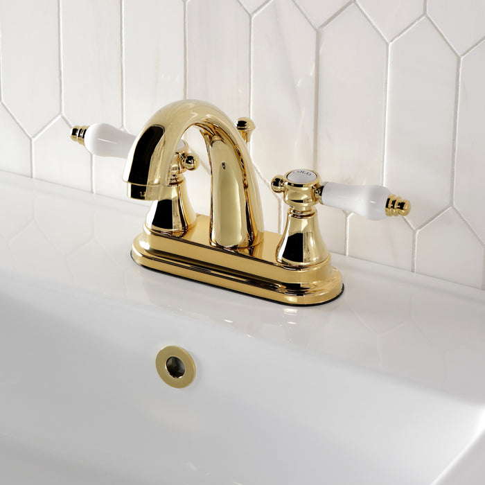 Kingston Heirloom KS7612BPL - Bel-Air Double-Handle 3-Hole Deck Mount 4-Inch Centerset Bathroom Faucet with Brass Pop-Up, Polished Brass