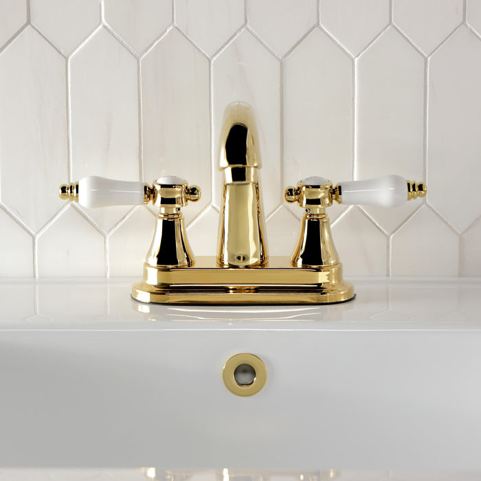 Kingston Heirloom KS7612BPL - Bel-Air Double-Handle 3-Hole Deck Mount 4-Inch Centerset Bathroom Faucet with Brass Pop-Up, Polished Brass