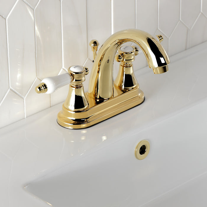 Kingston Heirloom KS7612BPL - Bel-Air Double-Handle 3-Hole Deck Mount 4-Inch Centerset Bathroom Faucet with Brass Pop-Up, Polished Brass