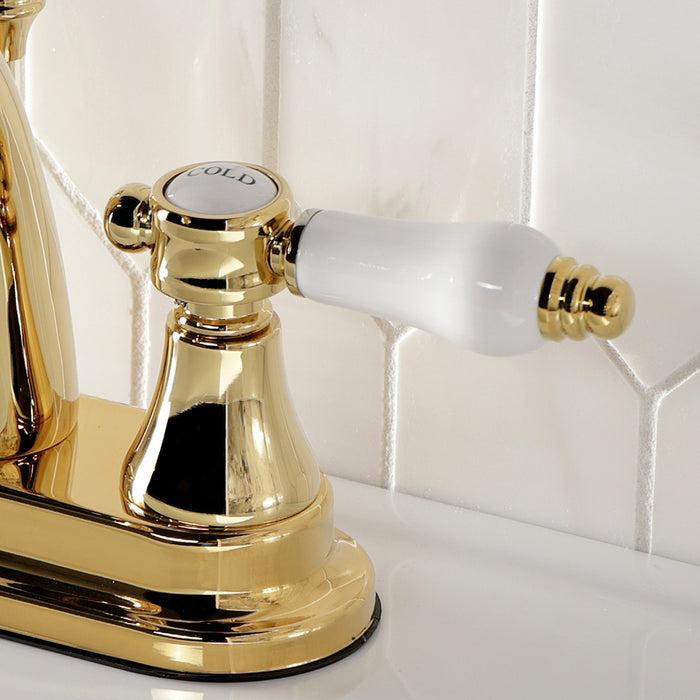 Kingston Heirloom KS7612BPL - Bel-Air Double-Handle 3-Hole Deck Mount 4-Inch Centerset Bathroom Faucet with Brass Pop-Up, Polished Brass