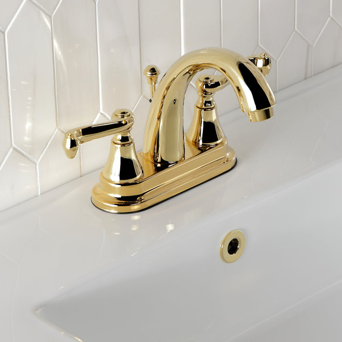 Kingston Tulare KS7612FL - English Vintage Double-Handle 3-Hole Deck Mount 4-Inch Centerset Bathroom Faucet with Brass Pop-Up, Polished Brass