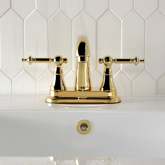 Kingston Tulare KS7612TL - Templeton Double-Handle 3-Hole Deck Mount 4-Inch Centerset Bathroom Faucet with Brass Pop-Up, Polished Brass