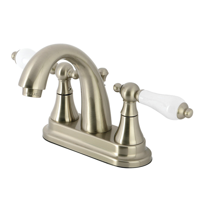 Kingston Tulare KS7618PL - English Vintage Double-Handle 3-Hole Deck Mount 4-Inch Centerset Bathroom Faucet with Brass Pop-Up, Brushed Nickel