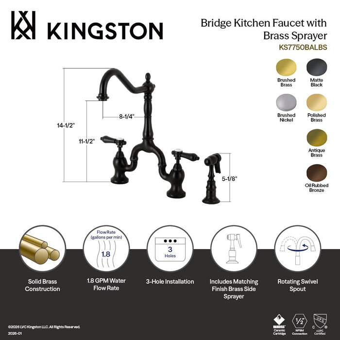 Kingston Heirloom KS7750BALBS - Heirloom Two-Handle 3-Hole Deck Mount Bridge Kitchen Faucet with Brass Sprayer, Matte Black