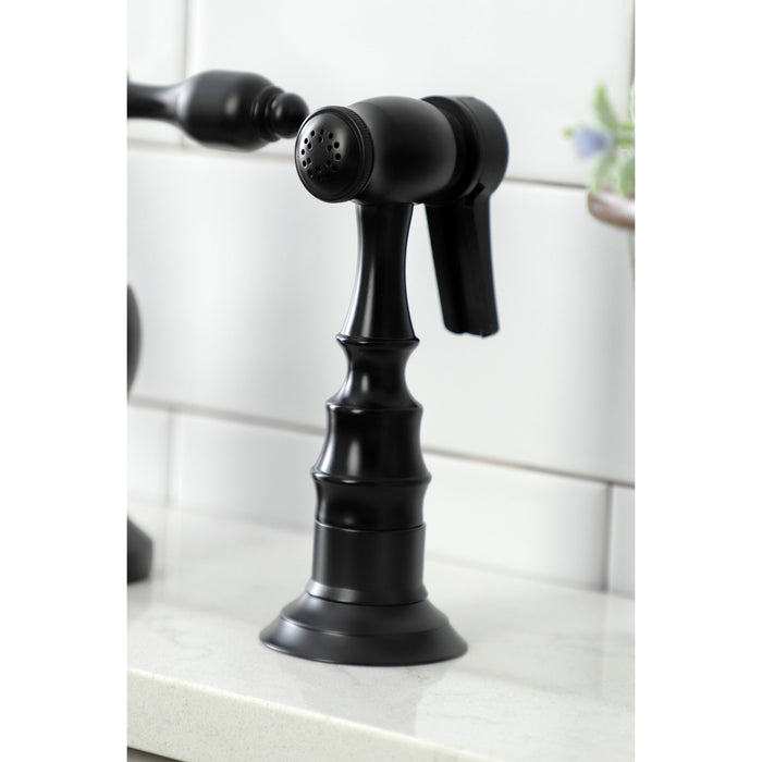Kingston Heirloom KS7750TALBS - Tudor Two-Handle 3-Hole Deck Mount Bridge Kitchen Faucet with Brass Sprayer, Matte Black