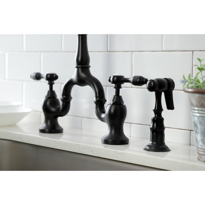 Kingston Heirloom KS7750TALBS - Tudor Two-Handle 3-Hole Deck Mount Bridge Kitchen Faucet with Brass Sprayer, Matte Black