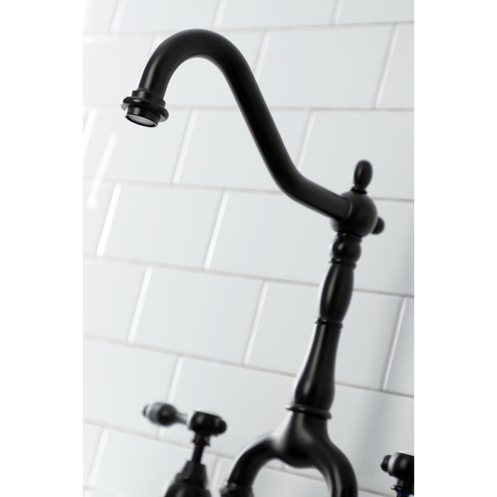 Kingston Heirloom KS7750TALBS - Tudor Two-Handle 3-Hole Deck Mount Bridge Kitchen Faucet with Brass Sprayer, Matte Black