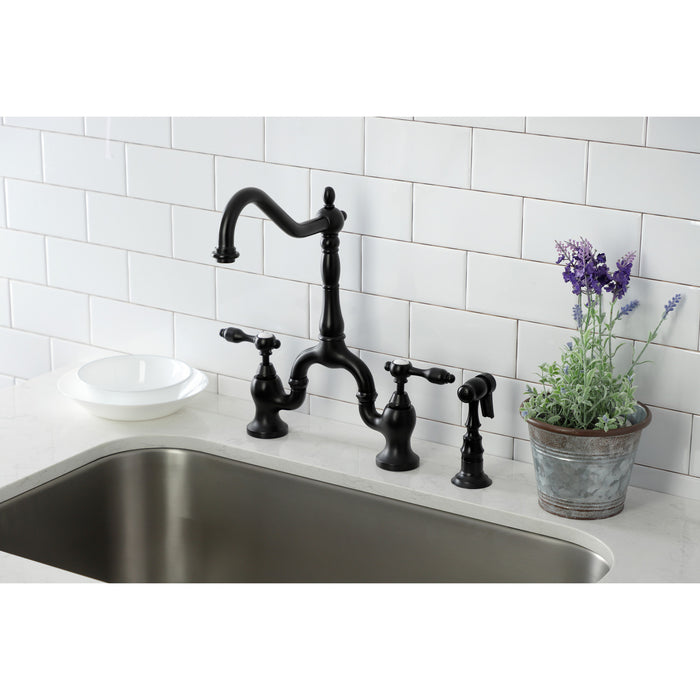 Kingston Heirloom KS7750TALBS - Tudor Two-Handle 3-Hole Deck Mount Bridge Kitchen Faucet with Brass Sprayer, Matte Black