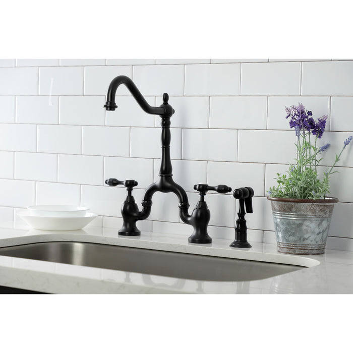 Kingston Heirloom KS7750TALBS - Tudor Two-Handle 3-Hole Deck Mount Bridge Kitchen Faucet with Brass Sprayer, Matte Black