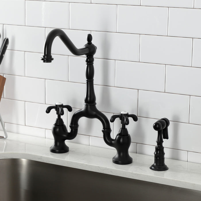 Kingston Heirloom KS7750TXBS - French Country Two-Handle 3-Hole Deck Mount Bridge Kitchen Faucet with Brass Sprayer, Matte Black
