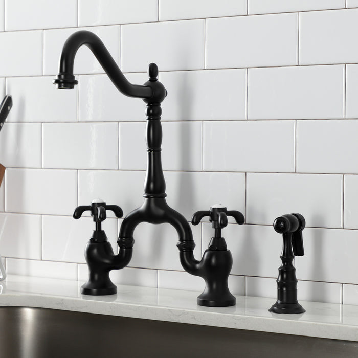 Kingston Heirloom KS7750TXBS - French Country Two-Handle 3-Hole Deck Mount Bridge Kitchen Faucet with Brass Sprayer, Matte Black