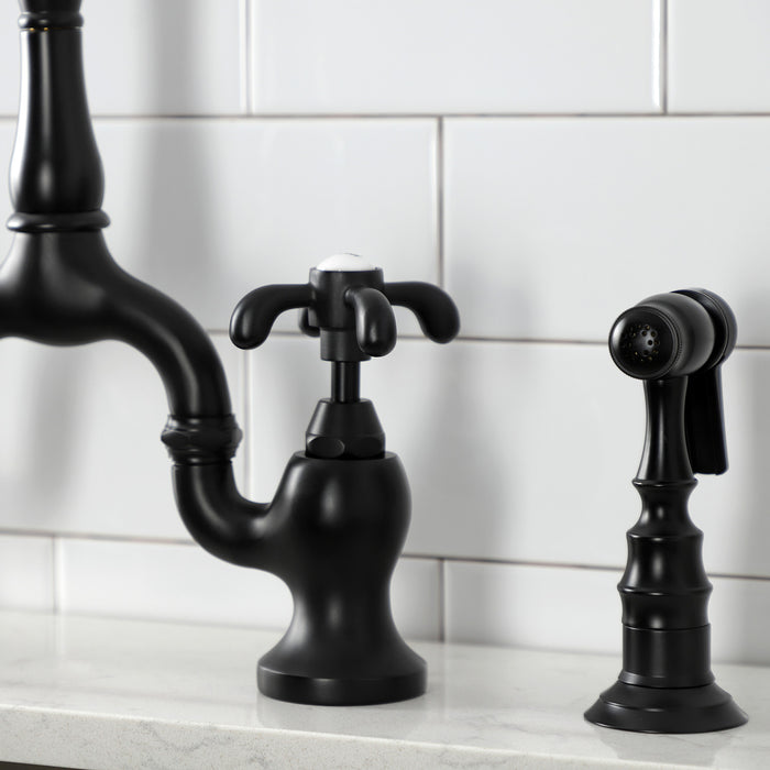 Kingston Heirloom KS7750TXBS - French Country Two-Handle 3-Hole Deck Mount Bridge Kitchen Faucet with Brass Sprayer, Matte Black