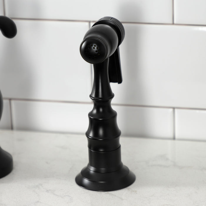 Kingston Heirloom KS7750TXBS - French Country Two-Handle 3-Hole Deck Mount Bridge Kitchen Faucet with Brass Sprayer, Matte Black