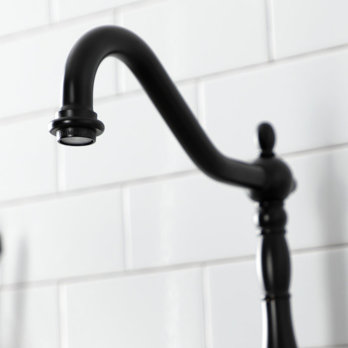 Kingston Heirloom KS7750TXBS - French Country Two-Handle 3-Hole Deck Mount Bridge Kitchen Faucet with Brass Sprayer, Matte Black