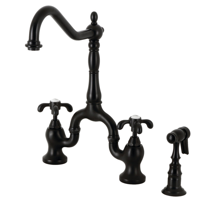 Kingston Heirloom KS7750TXBS - French Country Two-Handle 3-Hole Deck Mount Bridge Kitchen Faucet with Brass Sprayer, Matte Black