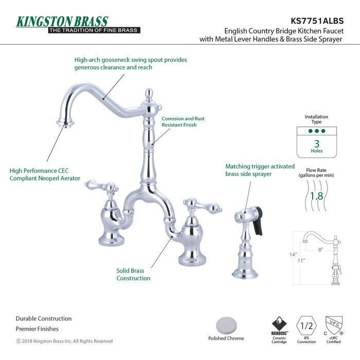 English Country KS7751ALBS Two-Handle 3-Hole Deck Mount Bridge Kitchen Faucet with Brass Side Sprayer, Polished Chrome