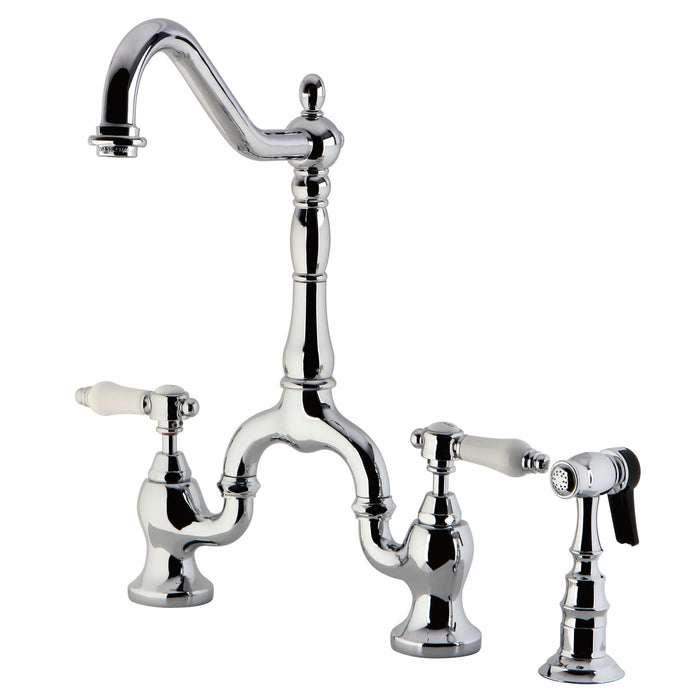 Kingston Heirloom KS7751BPLBS - Bel-Air Two-Handle 3-Hole Deck Mount Bridge Kitchen Faucet with Brass Sprayer, Polished Chrome