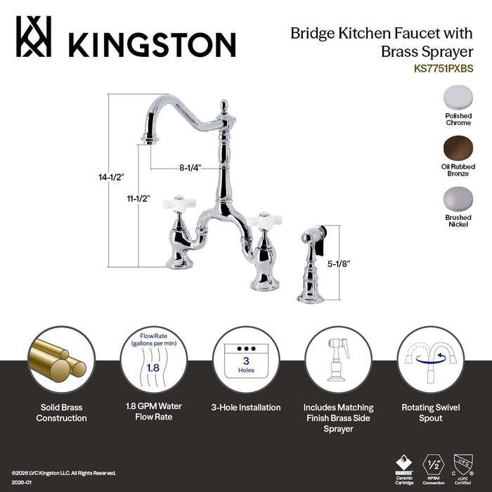 Kingston Heirloom KS7751PXBS - English Country Two-Handle 3-Hole Deck Mount Bridge Kitchen Faucet with Brass Sprayer, Polished Chrome